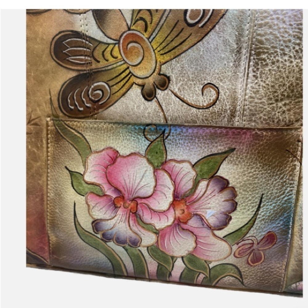 VTG Anuschka Hand Paint Flower Butterflies Leather Double Strap HandBag Satchel - Picture 7 of 12